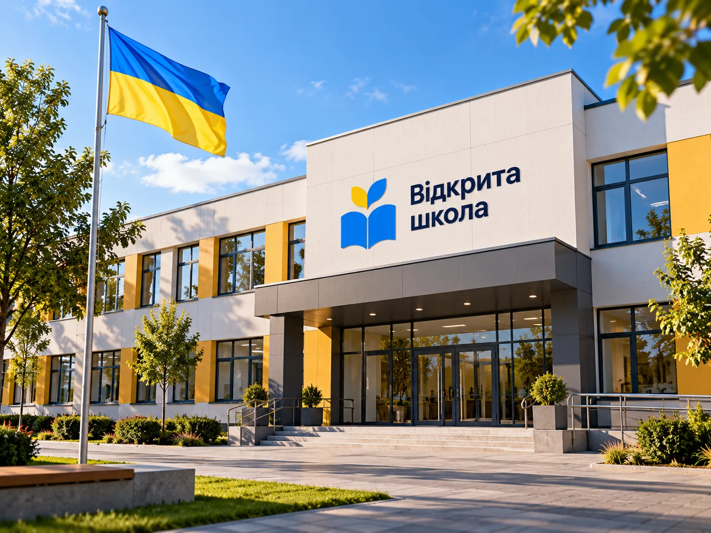 Будівля сучасної української школи з прапором України